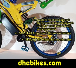 This mens custom electric downhill bike has a Bafang 750 Watt 51 Volt motor and Rohloff 14 speed internal gear hub